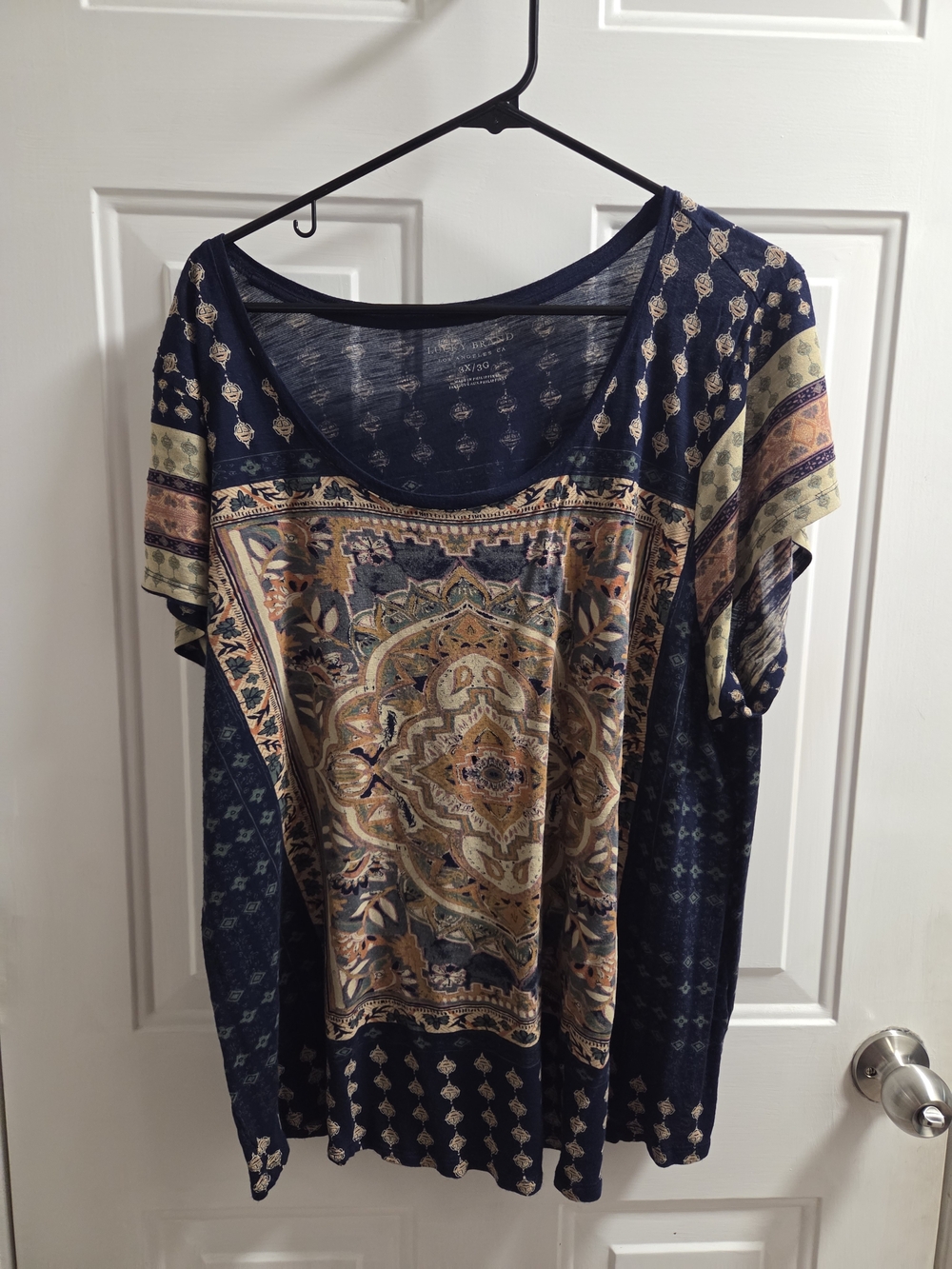 Lucky Brand Navy Scoop Neck Short Sleeve Medallion Print Top